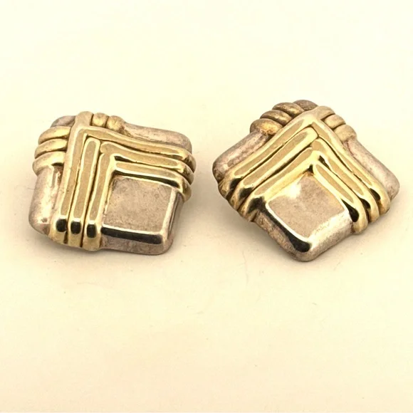 Vintage 925 Sterling Silver very large Puffy Square 2 tone clipon Earrings 18.5g - Picture 5 of 10